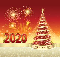 2020 New Year celebration with Christmas tree and fireworks. Greeting card with stars and red background decorated with gold ribbon