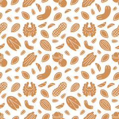 Nut seamless pattern with flat silhouette icons. Vector background of dry nuts and seeds - almond, cashew, peanut, walnut, pistachio. Food texture for grocery shop, brown white color