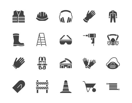 Safety equipment, required PPE flat silhouette icons set. Protective gloves builder helmet respirator, harness vector illustrations. Glyph signs personal protection. Pixel perfect pictograms