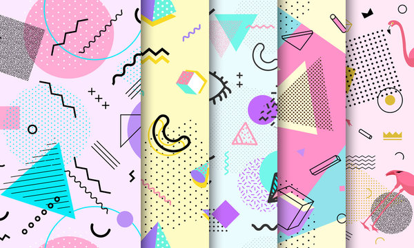Memphis seamless pattern collection. Geometric seamless pattern different shapes fashion 80's-90's style. Set of pastel Memphis background. Abstract vector illustration in minimal design.