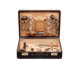 Picnic set in a suitcase isolate on a white background. Luxury set for a picnic. A good gift for friends and acquaintances.