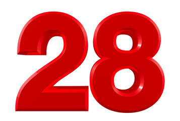 Red numbers 28 on white background illustration 3D rendering