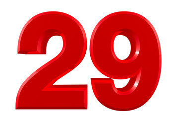 Red numbers 29 on white background illustration 3D rendering