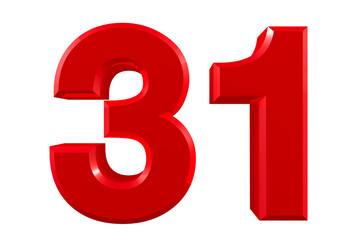 Red numbers 31 on white background illustration 3D rendering