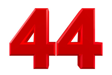 Red numbers 44 on white background illustration 3D rendering