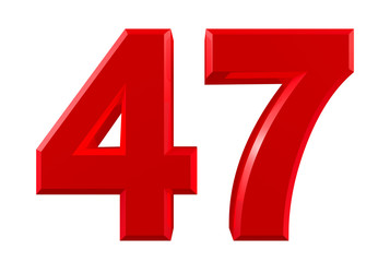Fototapeta premium Red numbers 47 on white background illustration 3D rendering