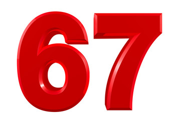 Red numbers 67 on white background illustration 3D rendering