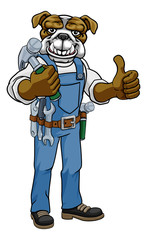 A bulldog cartoon animal mascot carpenter or handyman builder construction maintenance contractor holding a hammer and giving a thumbs up