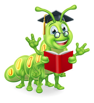 A clever teacher or professor bookworm caterpillar worm cartoon character education mascot wearing graduation mortar board hat and glasses and reading a book