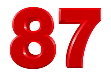 Red numbers 87 on white background illustration 3D rendering