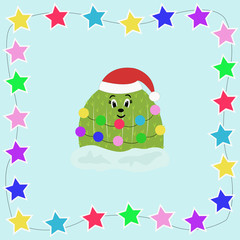Merry christmas card with cute cactus. Vector illustration.