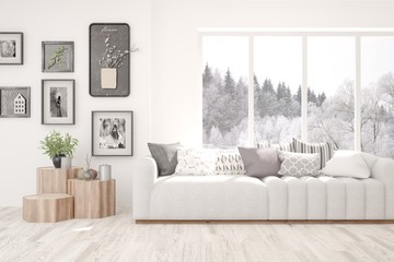 Stylish room in white color with sofa and winter landscape in window. Scandinavian interior design. 3D illustration