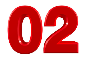 Red numbers 02 on white background illustration 3D rendering