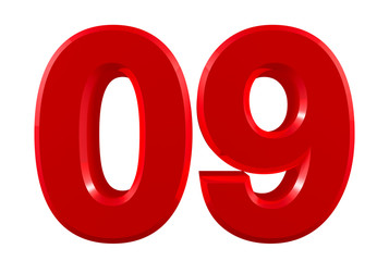 Red numbers 09 on white background illustration 3D rendering