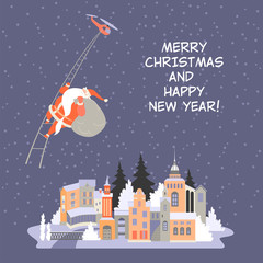 Vector illustration of a fabulous winter cityscape  with Santa Claus descending a rope ladder from a flying helicopter