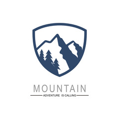 Mountain logo and shield design, Logotype template with mountains, Outdoor activity symbol with ink stamp texture