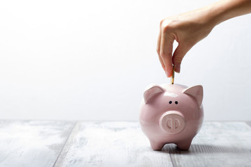 woman hand putting money coin into piggy for saving money wealth and financial concept