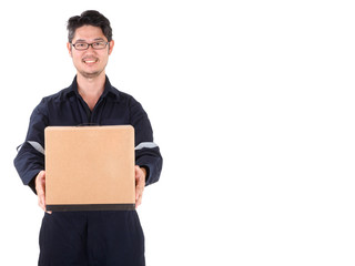 Asian Delivery Person or  postman with parcel box in blue Suit. Postal delivery service. White Background. ISOLATED COPY SPACE .