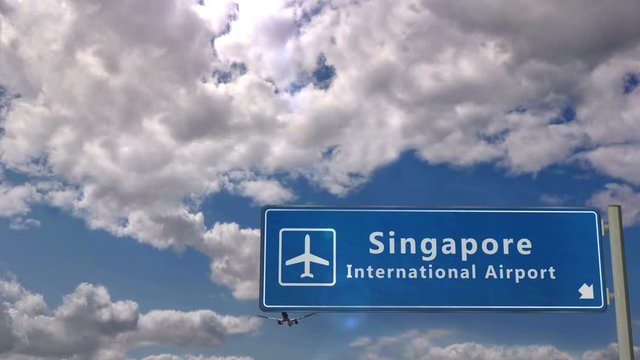 Jet plane landing in Singapore. City arrival with airport direction sign. Travel, business, tourism and transport concept. 3D rendering animation.