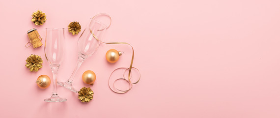 New Year or Christmas layout balls balls Serpentine cork from a bottle of gold color pink...
