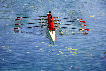 Men's quadruple rowing team on blue water