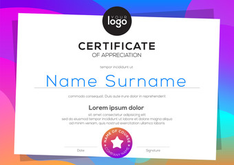 Modern certificate of appreciation template. blank award diploma with colorful vibrant gradient background