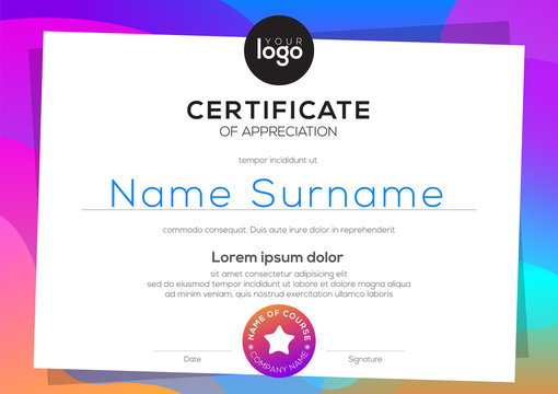 Modern certificate of appreciation template. blank award diploma with colorful vibrant gradient background