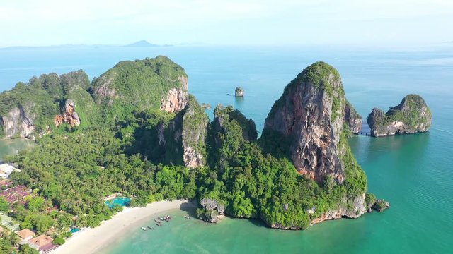 Amazing and beautiful rock formations along the coast of Railey beach, Thailand.