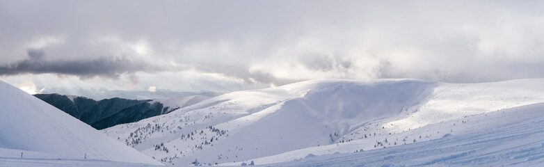 A panoramic with mountain peaks in Europe