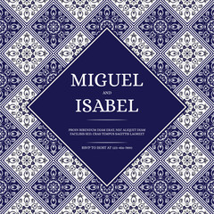 Traditional mexican wedding invite card template vector. Vintage floral tile pattern with white and navy blue. Majolica background for save the date design or invitation party.