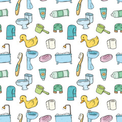 Colored bathroom elements in seamless pattern with doodle style