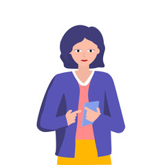 Confused woman using smartphone. Girl ununderstand how use new application on her smartphone or tablet. Vector illustration on white background.