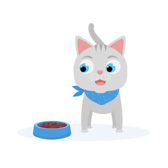 Cartoon little kitten with pet food in the bowl. Funny cat eating. Isolated vector illustration.