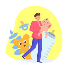 Father with happy baby. Pacifier, dummy, soother, baby bottle and smiling toy on white background. Vector concept illustration.