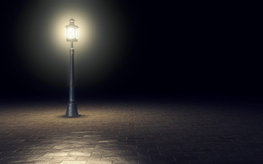 Illuminated streetlight on dark background. 3d rendering