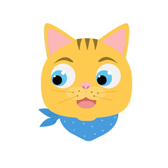 Portrait of happy cat with scarf. Head of little smiling kitten. Vector illustration for child, kids, baby print.