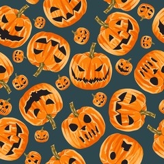 Seamless pattern of scary big-eyed and toothy pumpkins.