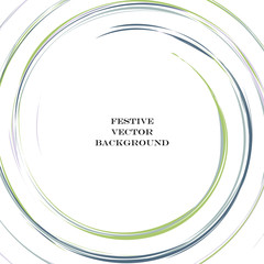 Festive green round line background. Abstract twisted frame linen texture for holiday, postcard, poster, website, carnival, birthday, children's party. Spiral line cover mock-up. Wedding card layout