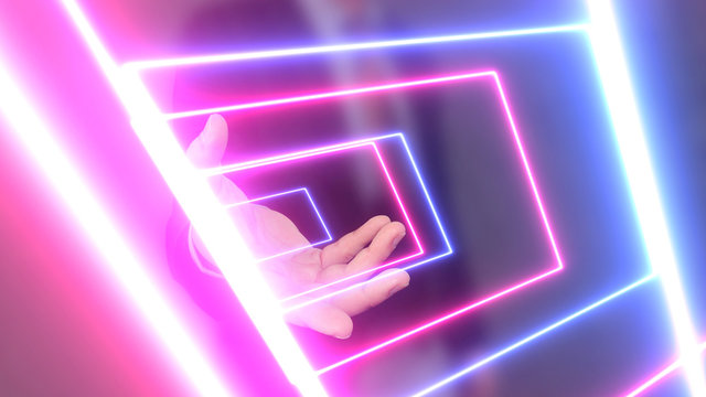 hand holding neon glowing lines. neon lights interface, New media concept