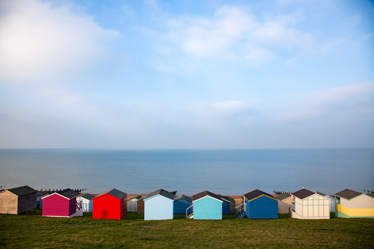 colored beach huts on the beach of Tankerton near Whitstable in Kent, UK