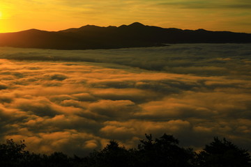 山並みと朝焼けの雲海