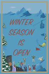 Retro Vintage Poster of Mountain lettering “Winter Season Is Open” can be replaced