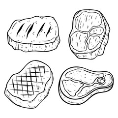 Set of beef steak with hand drawing or line art style