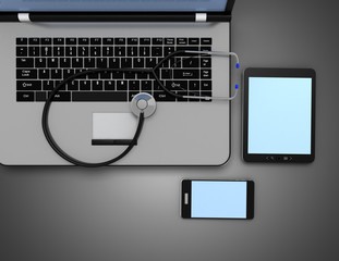 Service for laptop repair. Laptop and stethoscope. 3d illustration