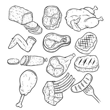 Set of hand drawing meat on white background