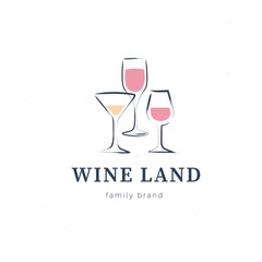 Vector wine logo with set of hand drawn textured wine glasses elements design isolated on white background. For winery insignia, degustation hall emblem, wine shop badge, wine label, sticker etc.