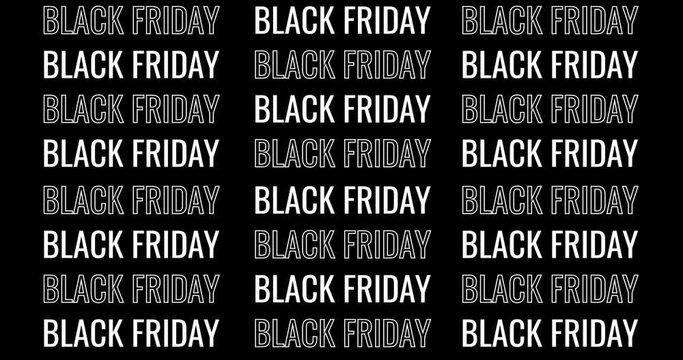 Black Friday animation with scrolling text, video black and white color