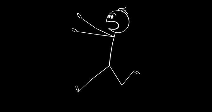 Cartoon 2D stick character animation of businessman or man running away in fear or panic. Alpha mask included.
