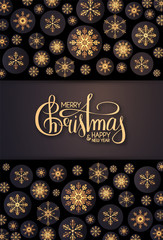 Merry Christmas Elegant holiday design with lettering and gold shining snowflakes.