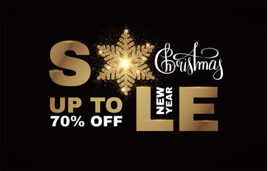 Fototapeta na wymiar Christmas Sale banner. Elegant design template with gold shining snowflake.